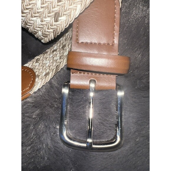 JOSEPH A BANKS MENS BELT Sz 54-56 BROWN MULTI WOVEN STRETCH KNIT LEATHER TRIM - Picture 2 of 7